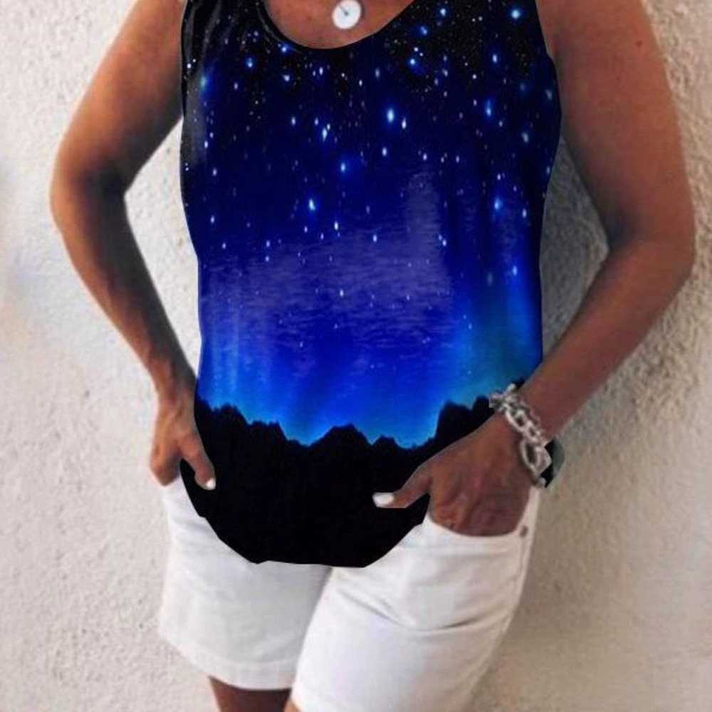 ZARA Summer Tie Dye Star Print Casual Sleeveless Workout Crew Neck Tank Top